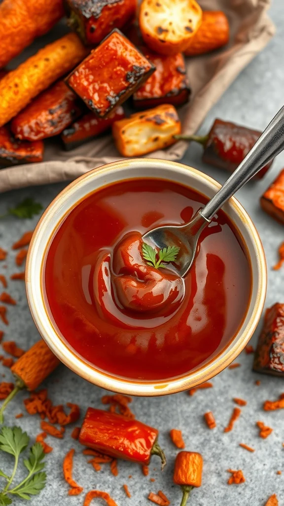 A bowl of rich red smoked paprika maple BBQ sauce with a spoon, surrounded by vibrant vegetables.