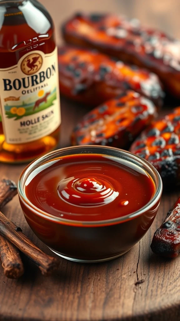 A bowl of smoky bourbon BBQ sauce surrounded by grilled meats.