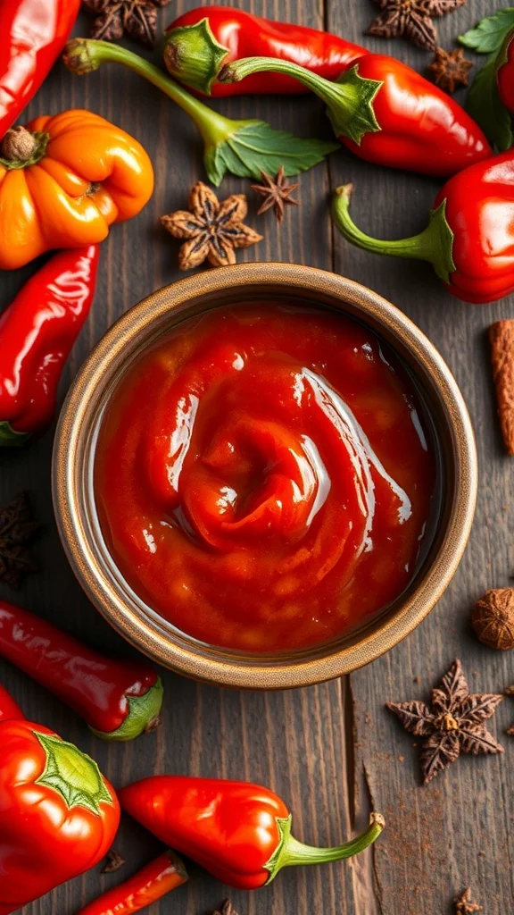 A bowl of Smoky Paprika BBQ Sauce surrounded by fresh peppers and spices.