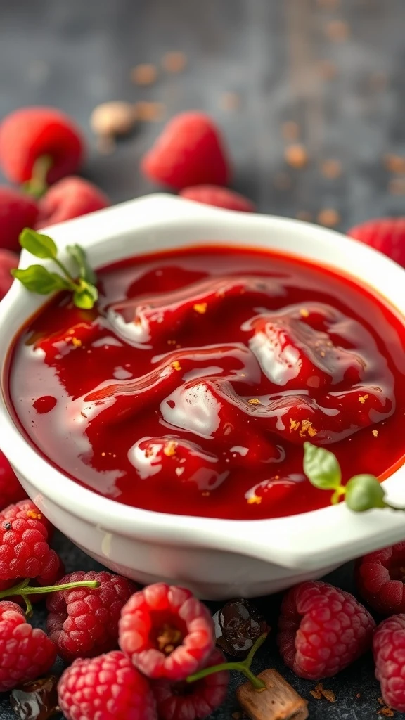 A vibrant spicy raspberry BBQ sauce in a white bowl, surrounded by fresh raspberries.