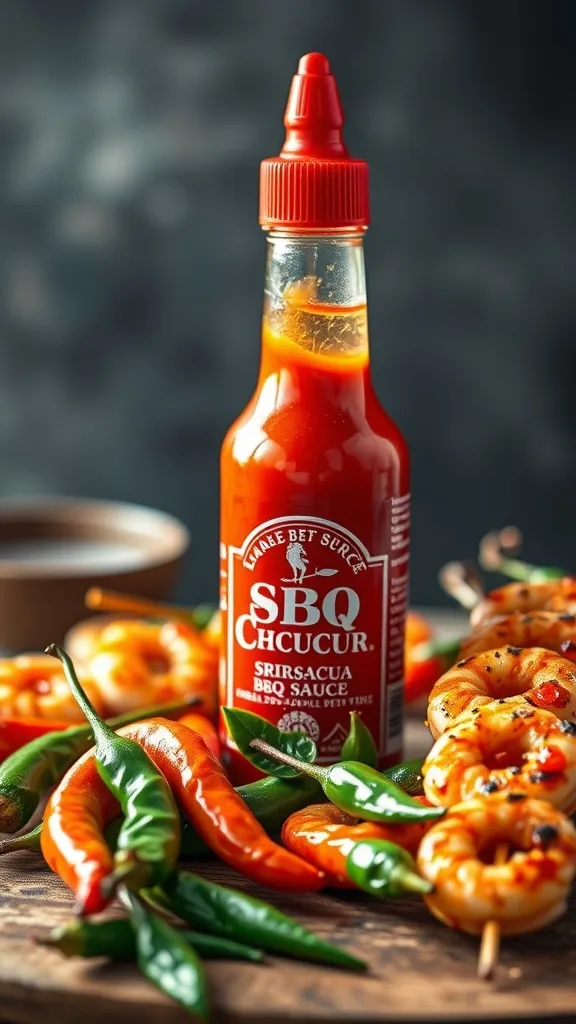 Bottle of Sriracha sauce surrounded by fresh ingredients