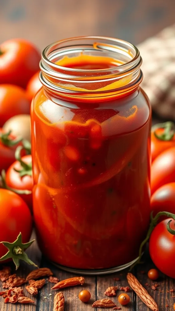 A jar of spicy tomato BBQ sauce surrounded by ripe tomatoes and spices.