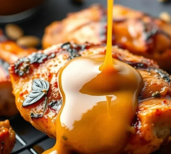 sweet and tangy mustard sauce pours on a piece of roasted chicken on a grill