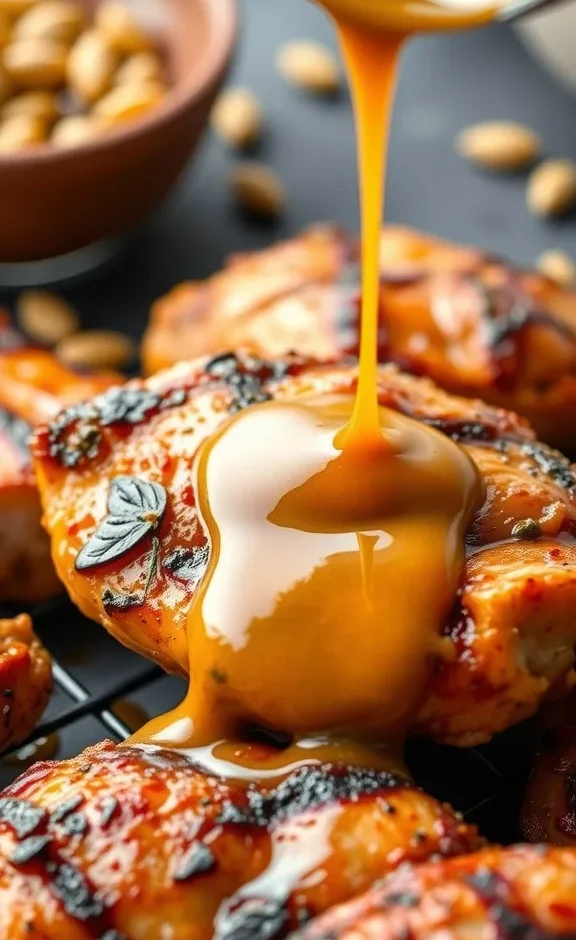sweet and tangy mustard sauce pours on a piece of roasted chicken on a grill