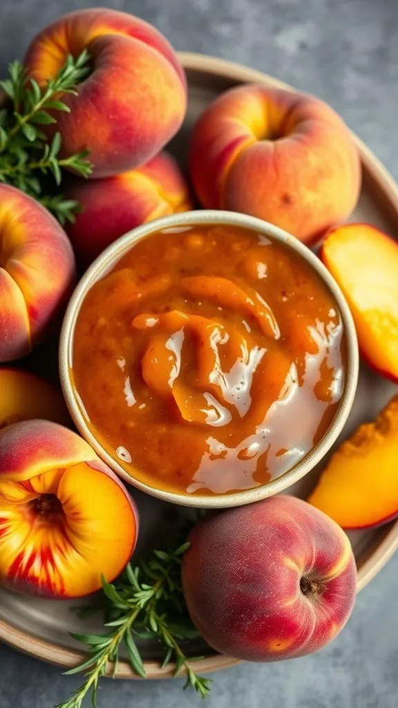 Bowl of sweet and tangy peach BBQ sauce surrounded by fresh peaches