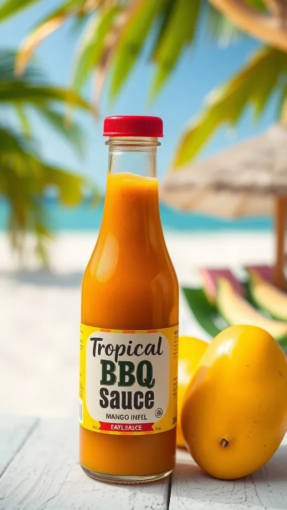 A bottle of Tropical Mango BBQ Sauce with mangoes in the foreground, set against a beach backdrop.