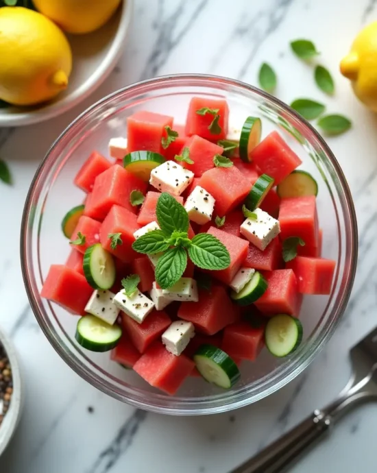 watermelon salad with cucumber in a clear bowl
