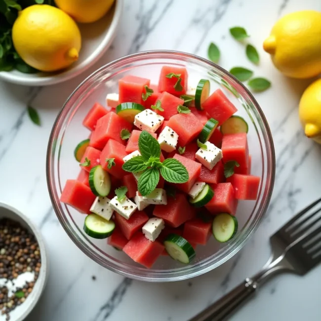watermelon salad with cucumber in a clear bowl