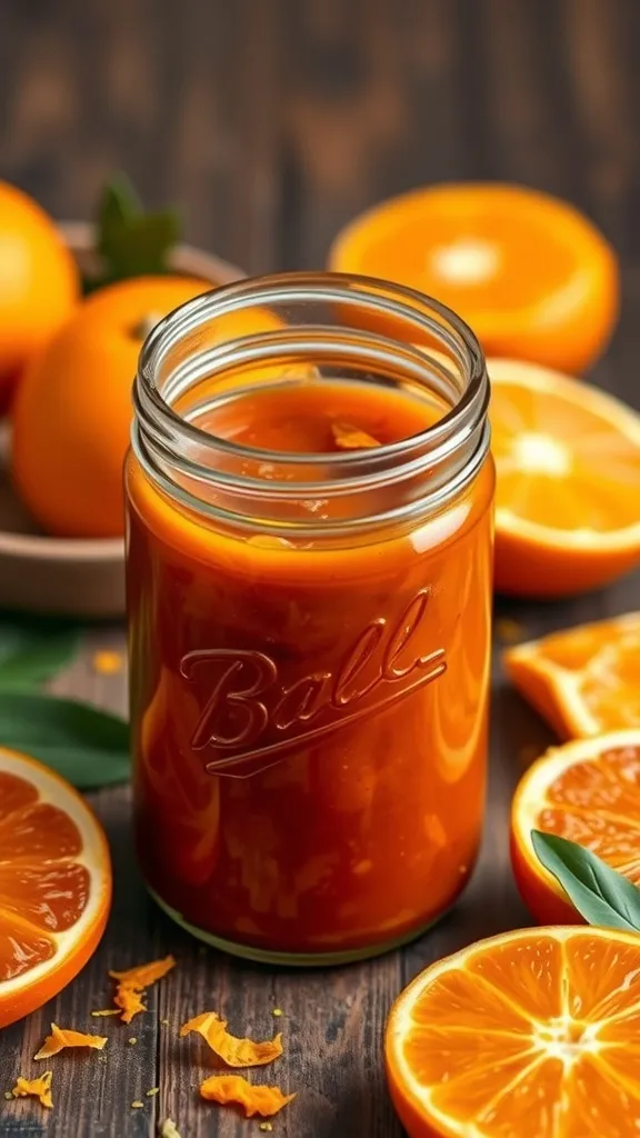 A jar of zesty orange BBQ sauce surrounded by fresh oranges.