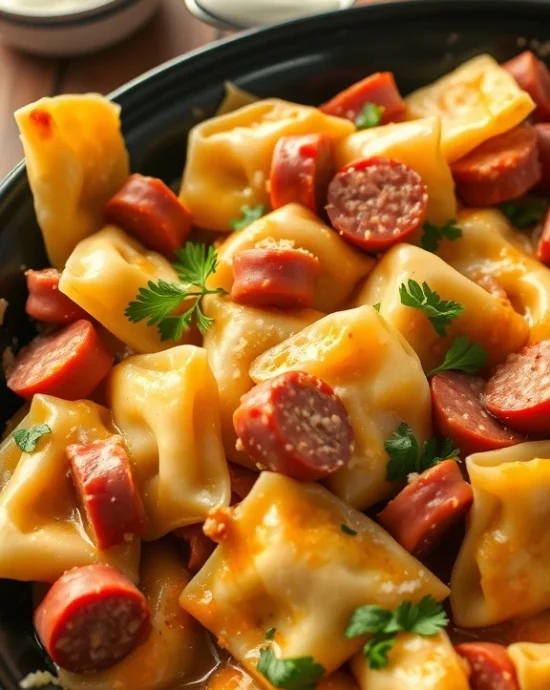 Crock pot Pierogi and Kielbasa Casserole