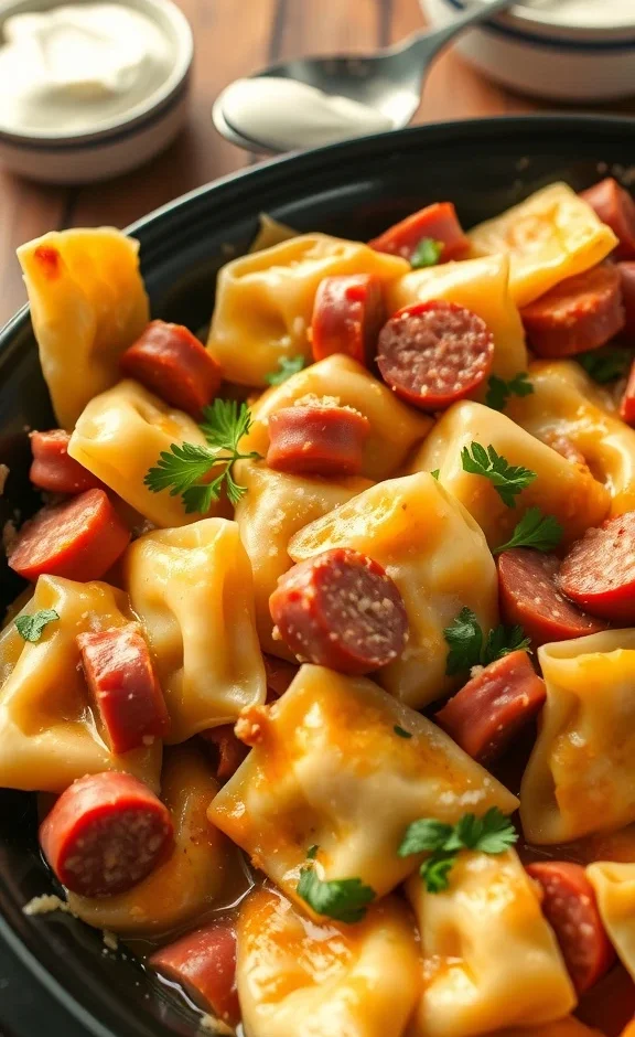 Crock pot Pierogi and Kielbasa Casserole