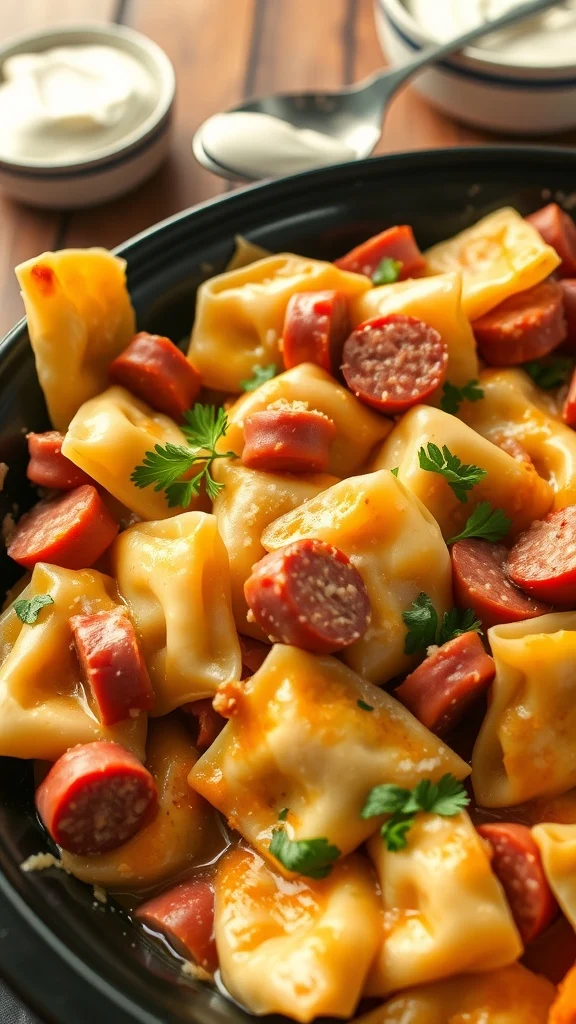 Crock pot Pierogi and Kielbasa Casserole