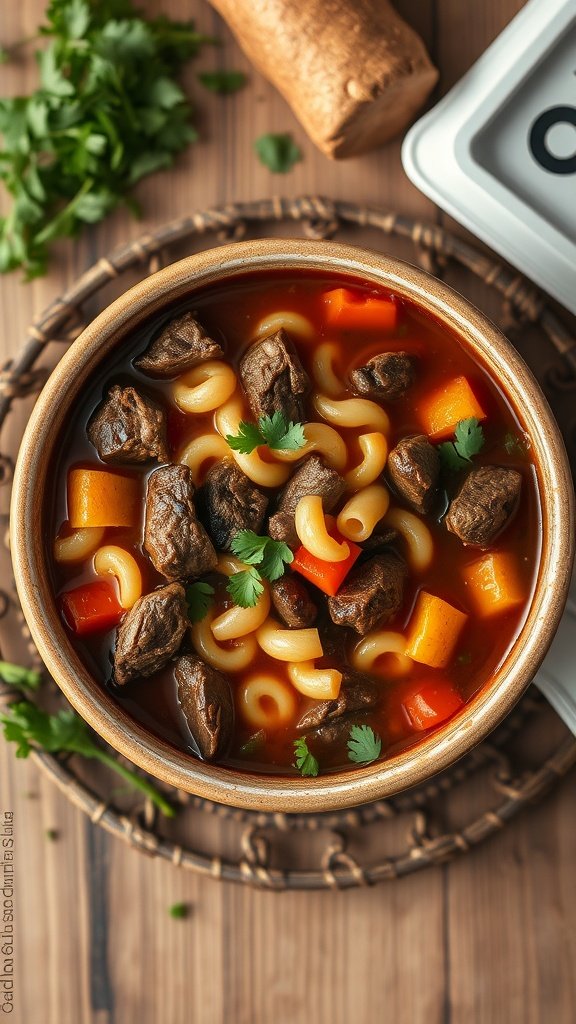 A bowl of Beef and Soup with colorful vegetables and herbs.