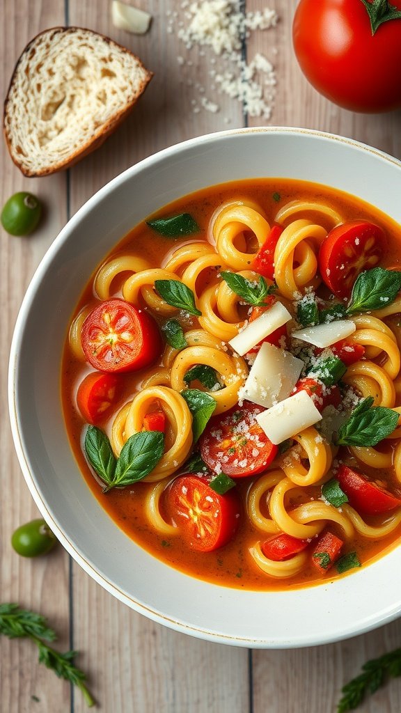 A bowl of classic Italian ditalini soup with vegetables, garnished with basil and cheese.