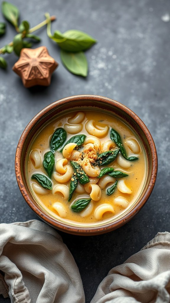A bowl of creamy ditalini and spinach soup with fresh spinach leaves and pasta.