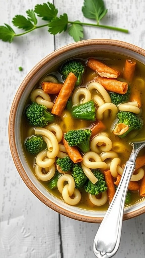 A bowl of soup with broccoli rabe and carrots