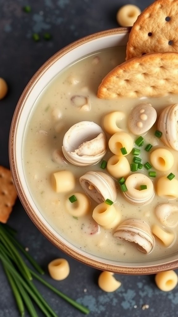 A bowl of ditalini soup with clam chowder, garnished with chives and served with crackers.