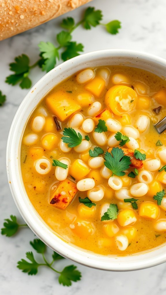 A bowl of Ditalini and Corn Chowder with Jalapeños, garnished with cilantro, alongside a piece of bread.