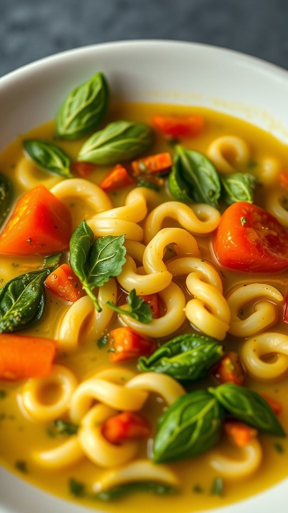 A bowl of Ditalini soup with fresh vegetables and basil
