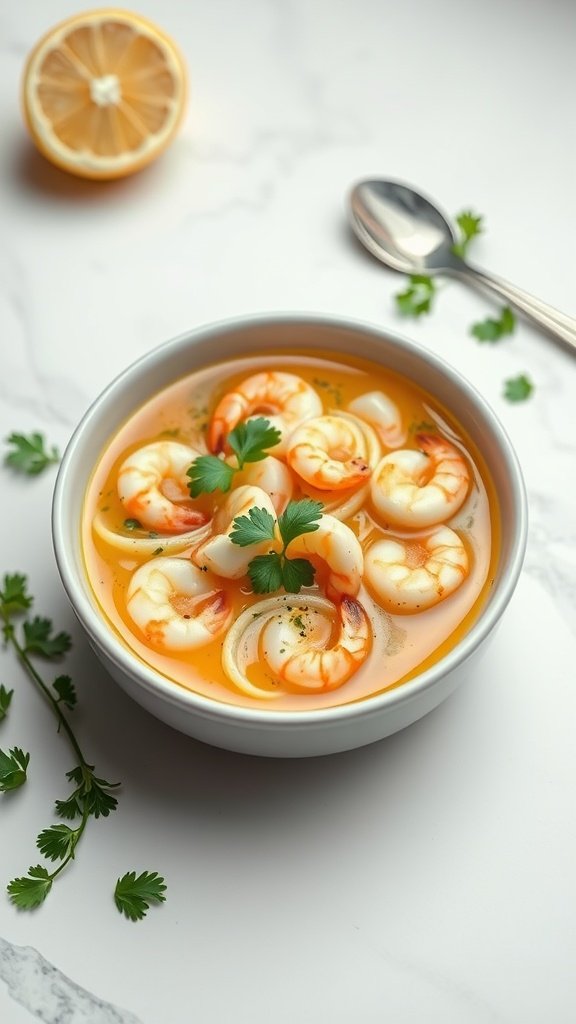 A bowl of Shrimp Soup with Lemon, garnished with parsley and a lemon half on the side.