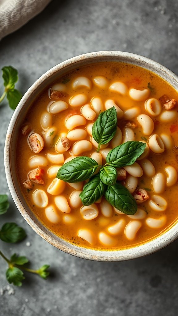 A bowl of ditalini pasta and white bean soup garnished with basil leaves.