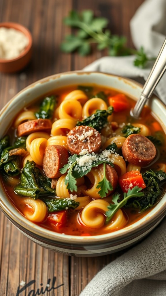 A bowl of ditalini soup with kale and sausage, garnished with parsley and cheese.