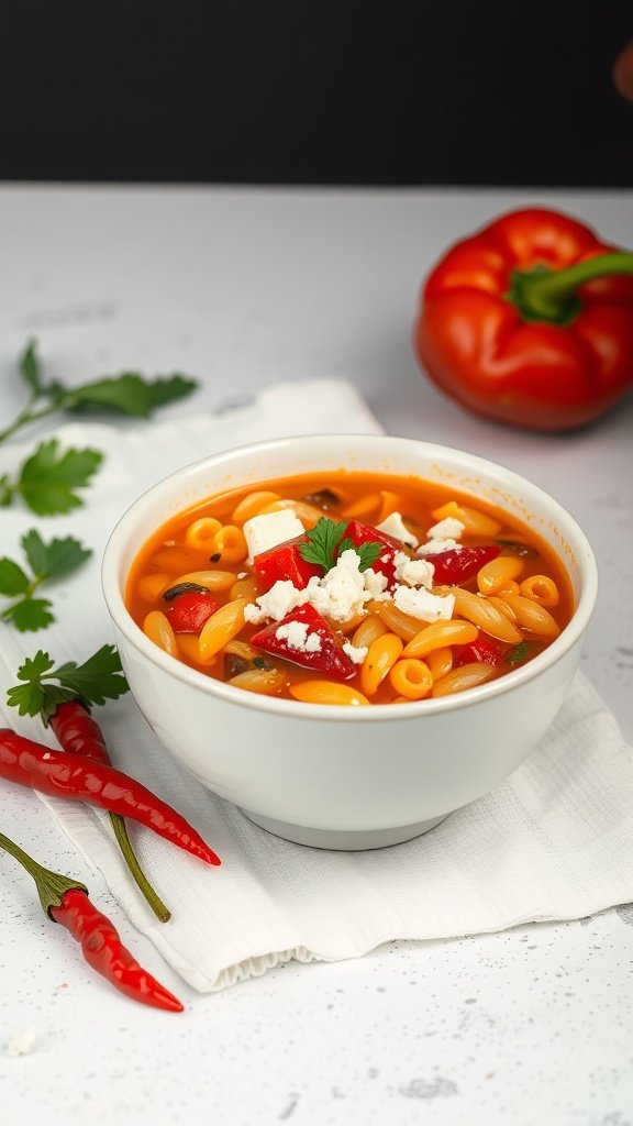 A bowl of soup with roasted red peppers, garnished with parsley and feta cheese.