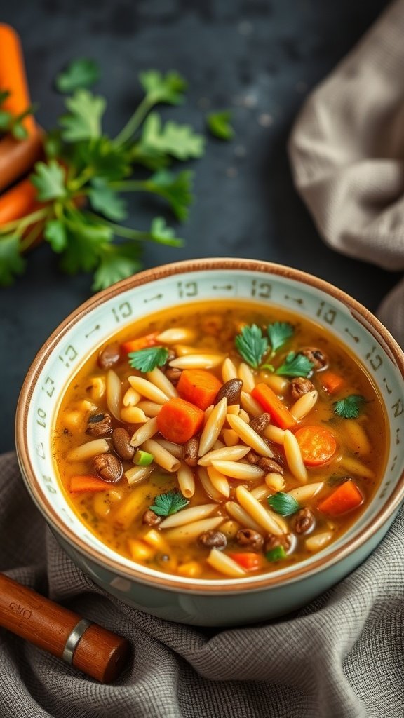 A bowl of lentil and ditalini soup with carrots, garnished with parsley.