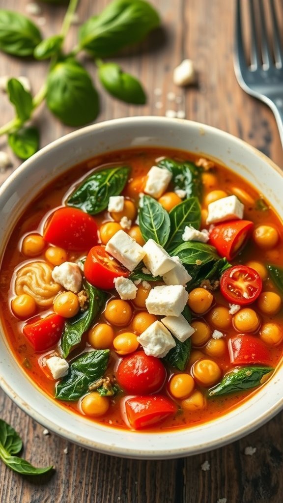 A bowl of Mediterranean Ditalini Soup with Chickpeas, garnished with fresh spinach and feta cheese.