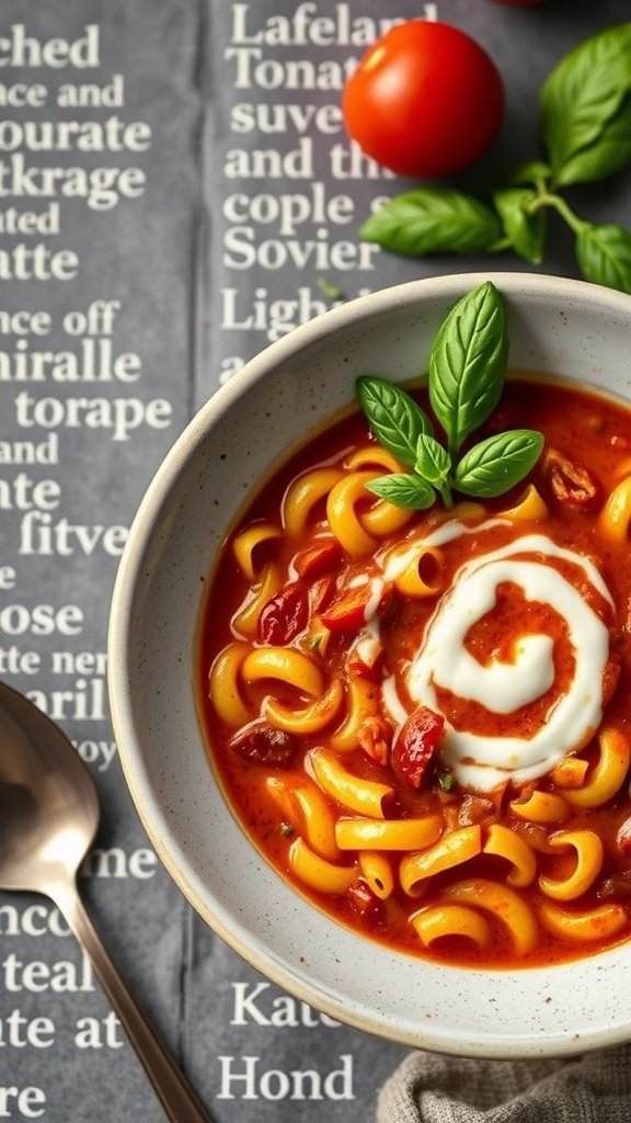 A bowl of roasted tomato and ditalini soup garnished with basil and a swirl of cream.