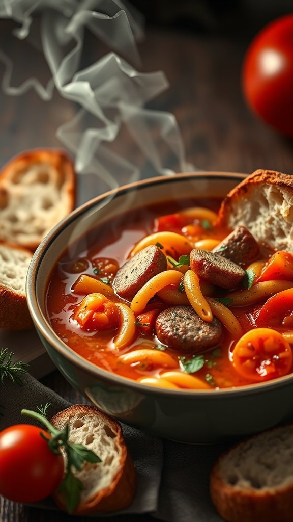 A bowl of spicy sausage and ditalini soup with bread on the side.