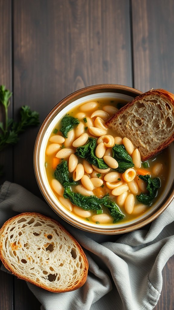 A bowl of Tuscan Soup with Cannellini Beans, accompanied by a slice of bread.