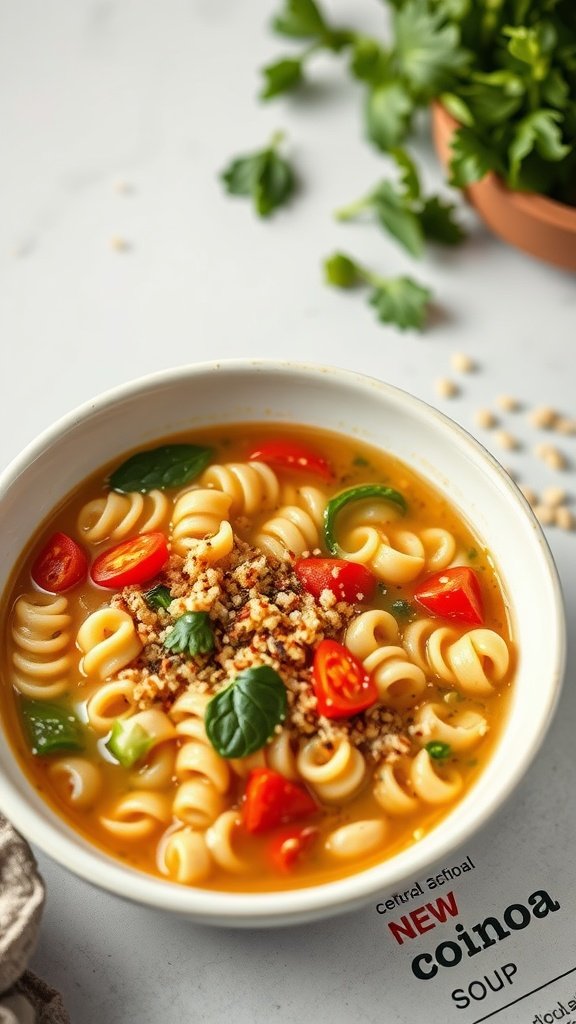 A bowl of Vegetable Soup with Quinoa, garnished with fresh parsley and colorful vegetables.